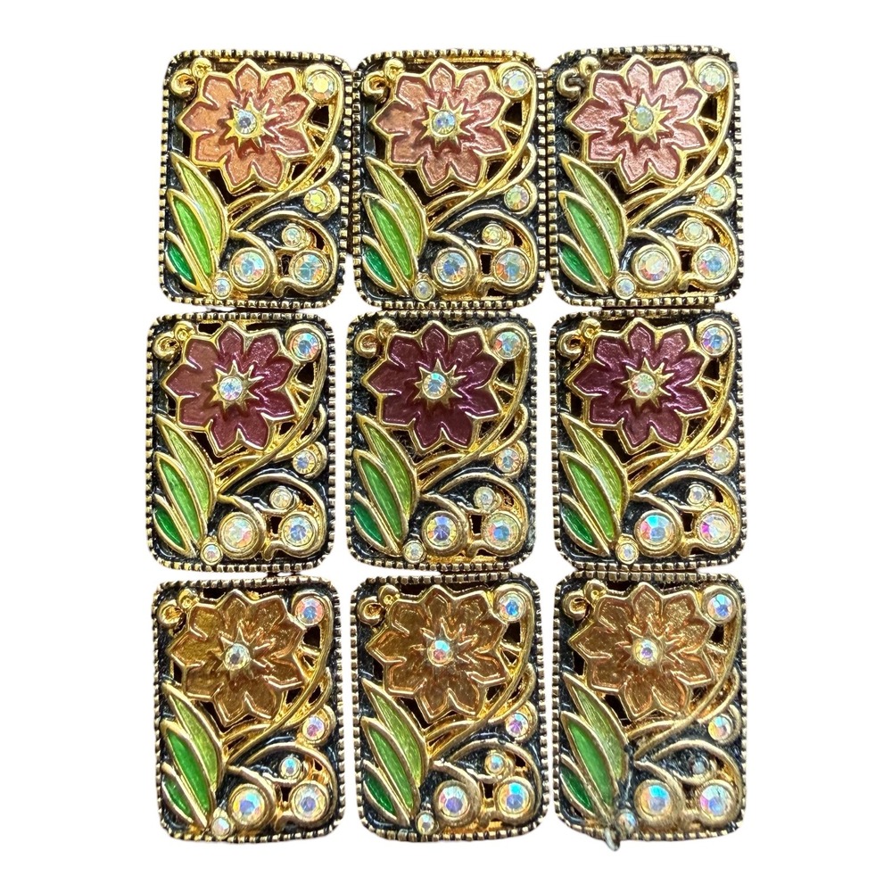 Lot 9 Vintage Enamel Floral Sash Scarf Slide Gold Tone Rhinestone 3 Colors 1980s